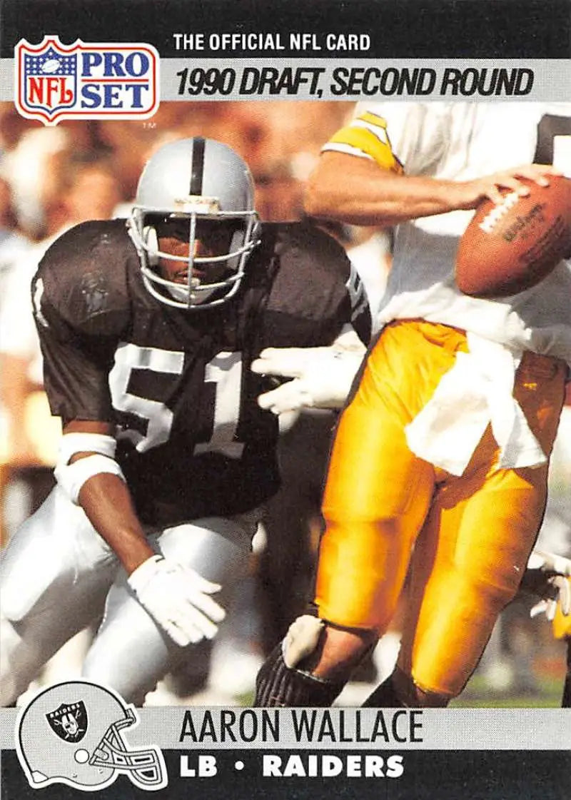 NFL trading card of Aaron Wallace, Los Angeles Raiders linebacker in Pro Set uniform