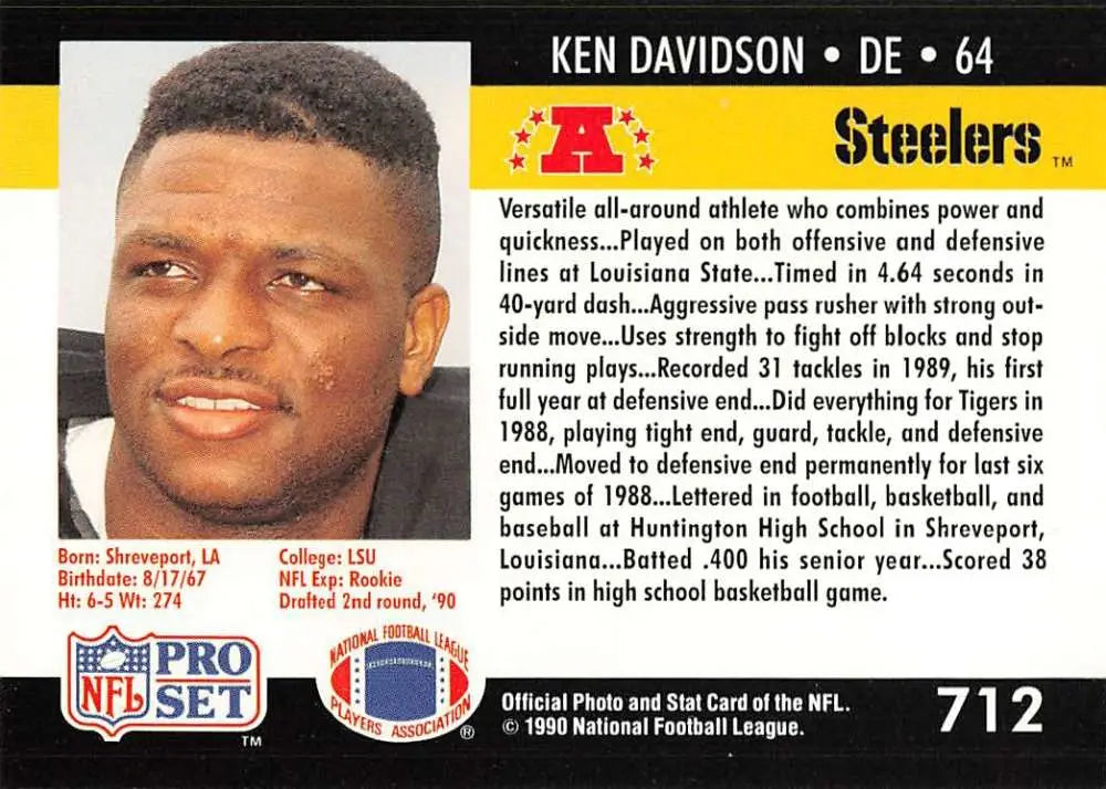 1990 Pro Set Kenny Davidson Pittsburgh Steelers rookie football card NM-MT condition