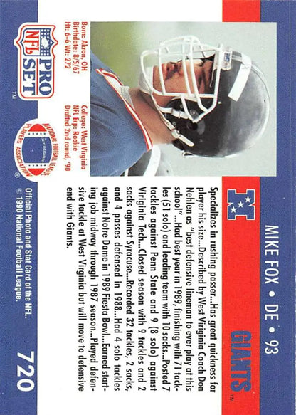 Football card of Mike Fox from the 1990 Pro Set featuring a Buffalo Bills player