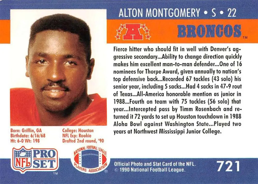 Football card of Alton Montgomery, Denver Broncos player number 22 from Pro Set