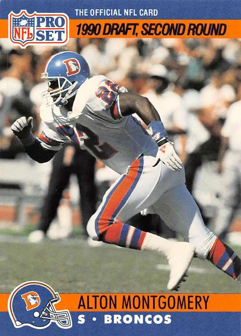 NFL Pro Set football card of Alton Montgomery featuring the Denver Broncos in 1990