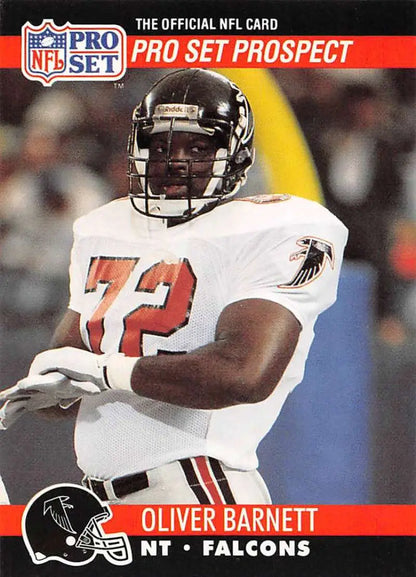 NFL Pro Set Prospect 1990 Football Card of Oliver Barnett, Atlanta Falcons player #72