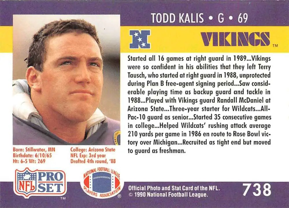 NFL Pro Set football card of Todd Kalis, Minnesota Vikings player number 69