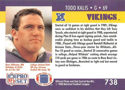 NFL Pro Set football card of Todd Kalis, Minnesota Vikings player number 69