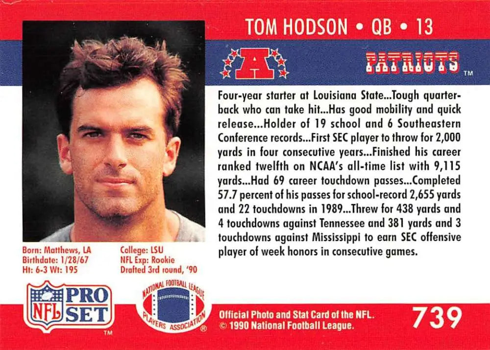 NFL trading card of Tom Hodson, LSU quarterback, New England Patriots Pro Set RC