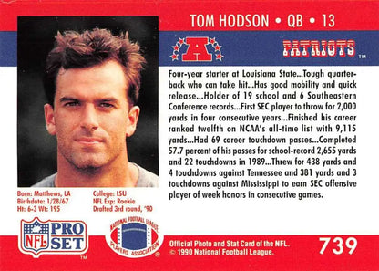 NFL trading card of Tom Hodson, LSU quarterback, New England Patriots Pro Set RC