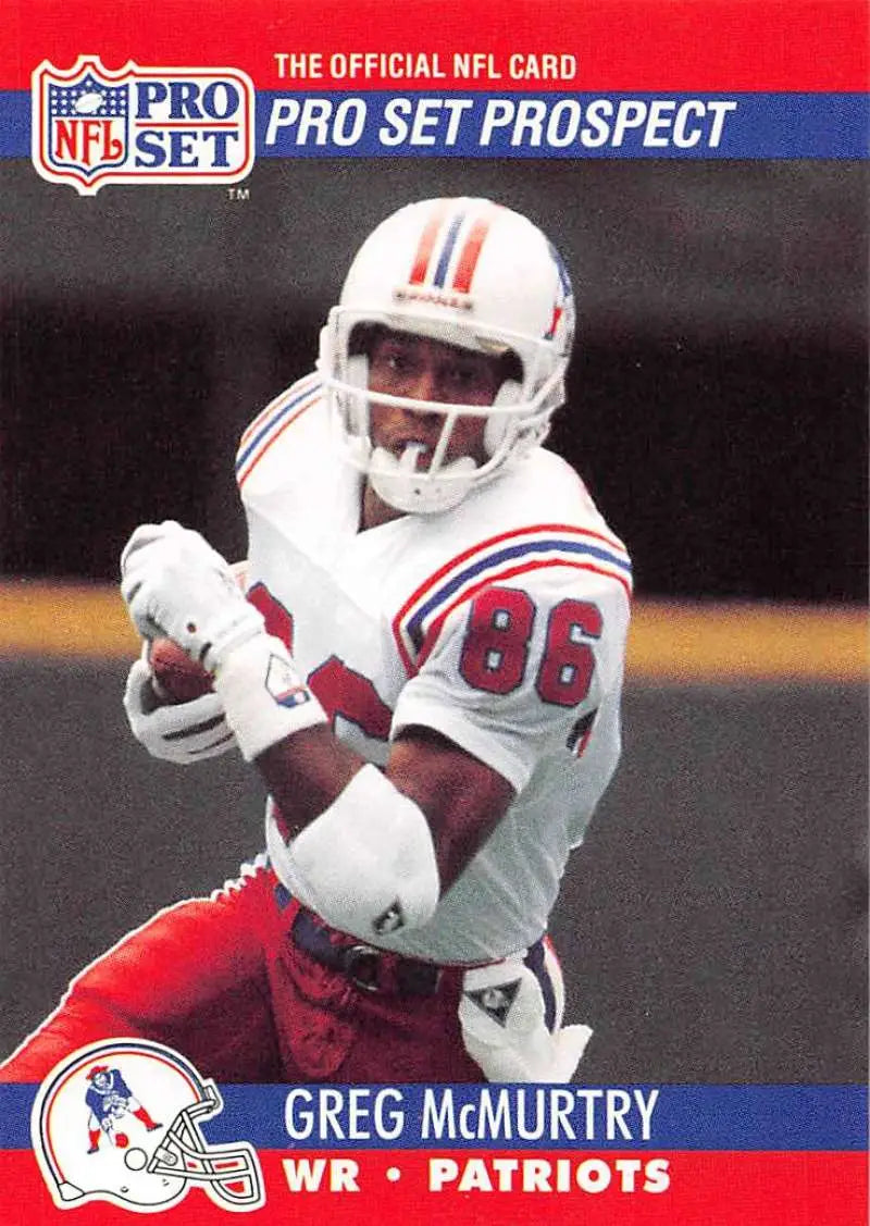 Greg McMurtry NFL Pro Set Prospect trading card of New England Patriots wide receiver 86