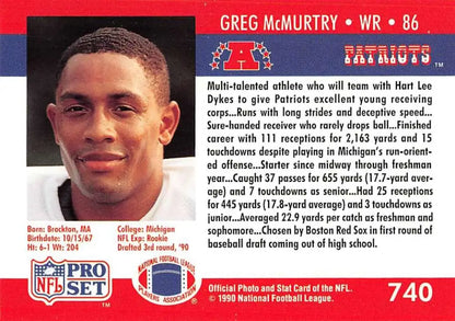 Greg McMurtry football card for New England Patriots, featured in 1990 Pro Set #740