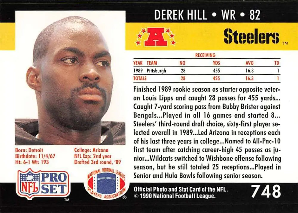 Football card of Derek Hill, Pro Set #748, Pittsburgh Steelers wide receiver 82