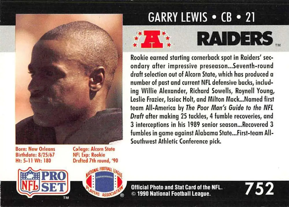 NFL trading card of Garry Lewis #21 from Los Angeles Raiders 1990 Pro Set