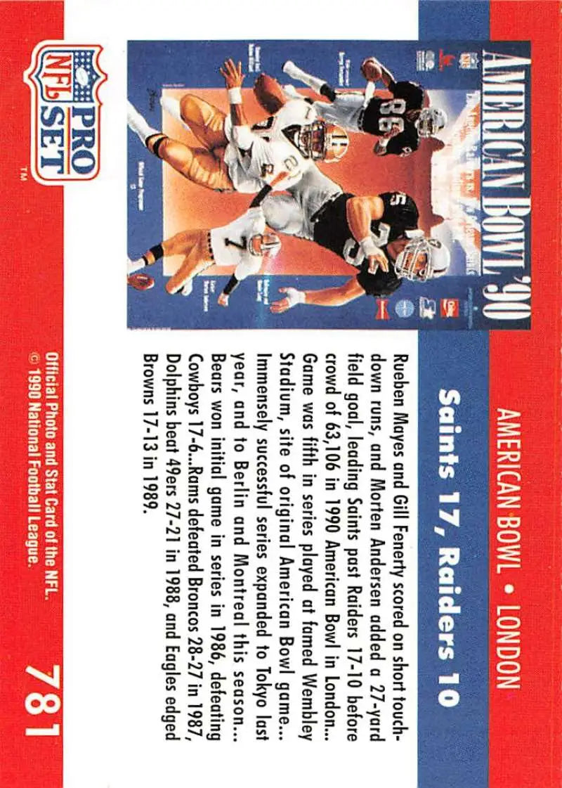 1990 Pro Set #781 American Bowl card featuring Los Angeles Raiders player in action