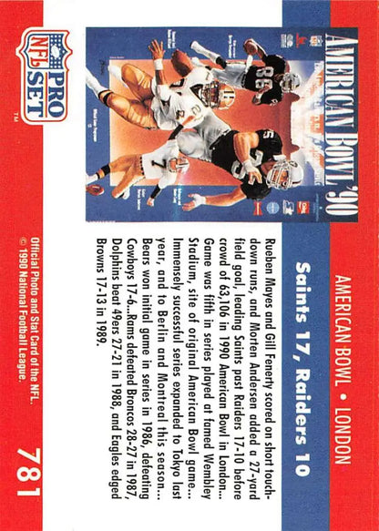 1990 Pro Set #781 American Bowl card featuring Los Angeles Raiders player in action