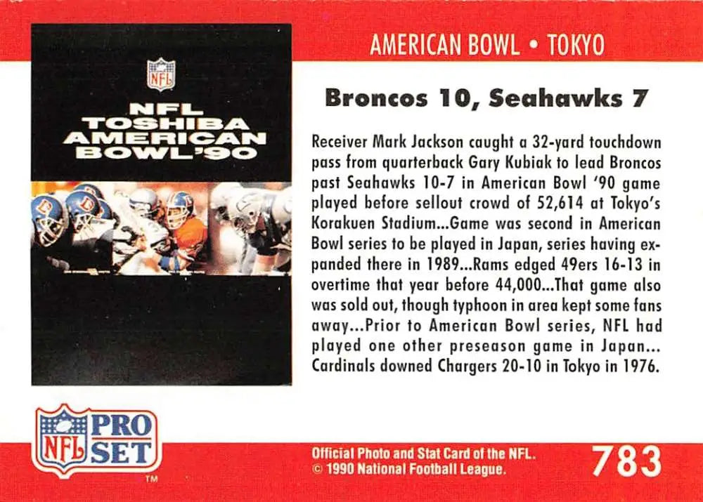 1990 Pro Set NFL trading card featuring American Bowl game Broncos vs. Seahawks Tokyo