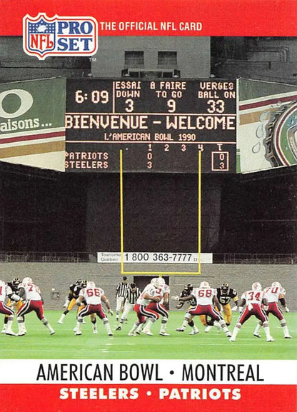 NFL Football game at Olympic Stadium featuring Steelers vs Patriots on Pro Set card