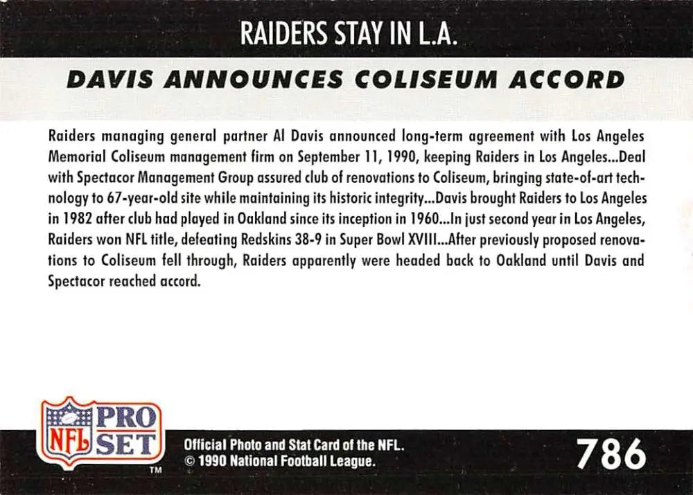 Newspaper clipping about Los Angeles Raiders staying in Los Angeles, featured with card