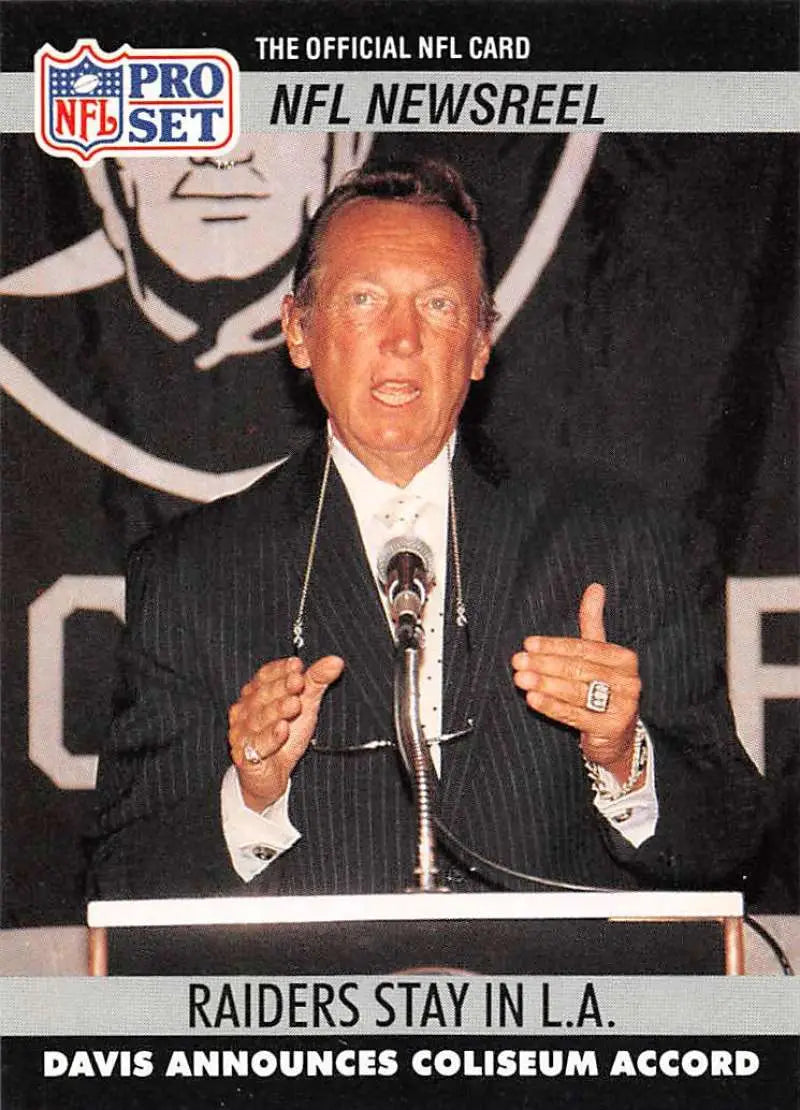 1990 Pro Set #786 Al Davis card featuring Los Angeles Raiders team announcement at podium