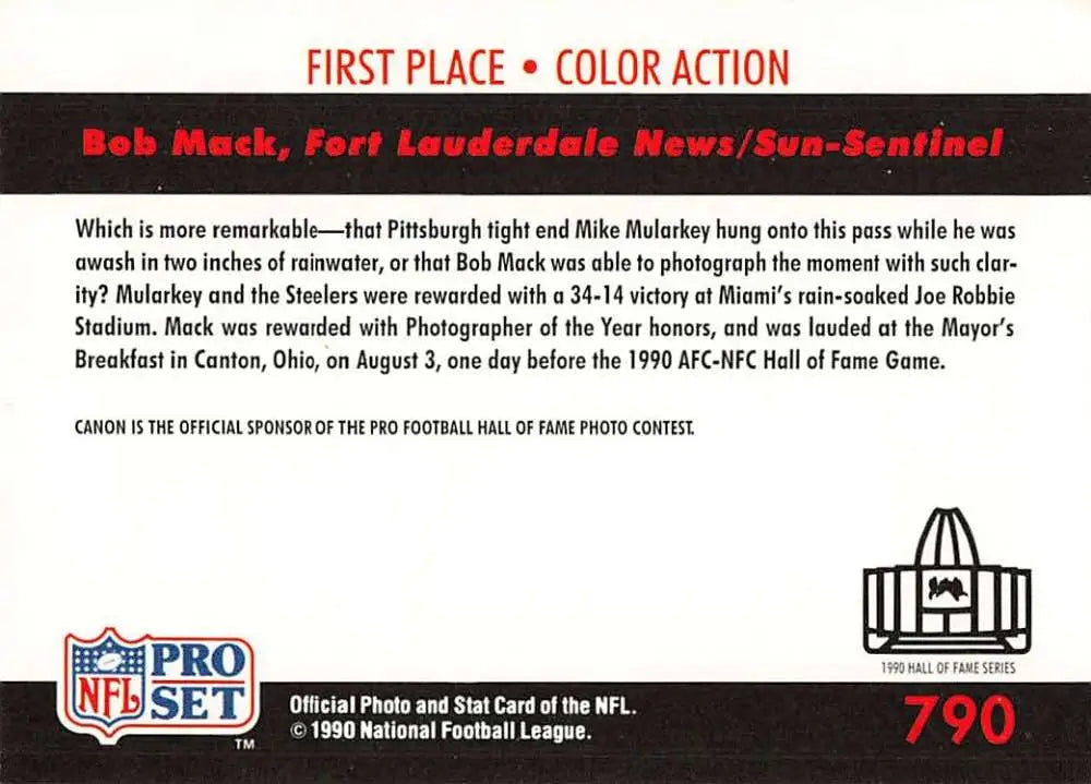 Award card for First Place in Color Action photography featuring Mike Mularkey and Pro Set