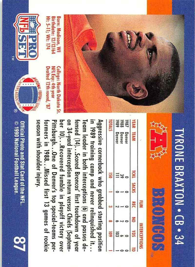 1990 Pro Set #87 Tyrone Braxton Denver Broncos Football Card NM-MT condition