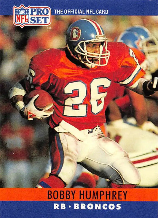 NFL Pro Set football card of Bobby Humphrey, Denver Broncos running back, red jersey 26