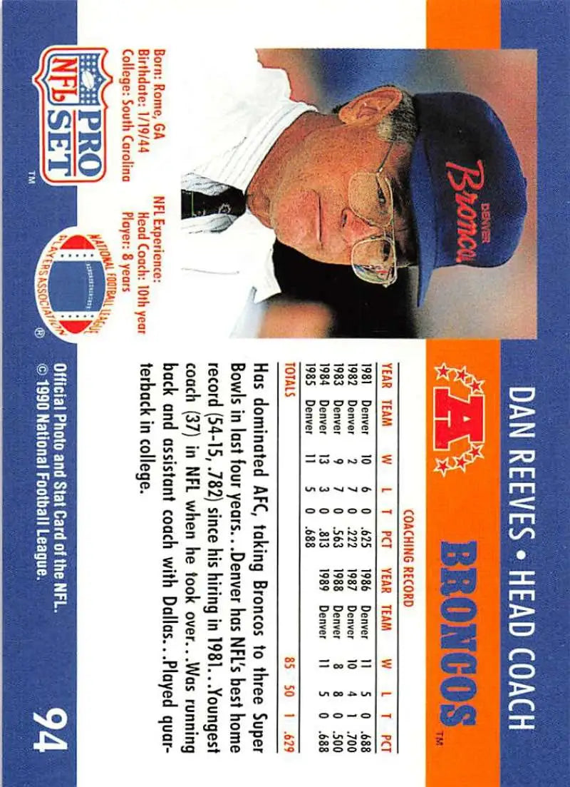 1990 Pro Set Dan Reeves Football Card featuring Denver Broncos player in blue cap