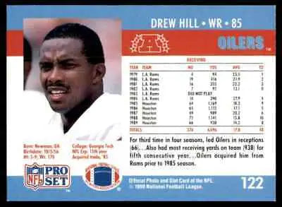 Drew Hill 1990 Pro Set football card featuring Houston Oilers #122 displayed center