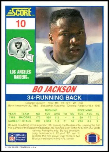 1990 Score #10 Bo Jackson NM Near Mint LA Raiders football card with original gloss