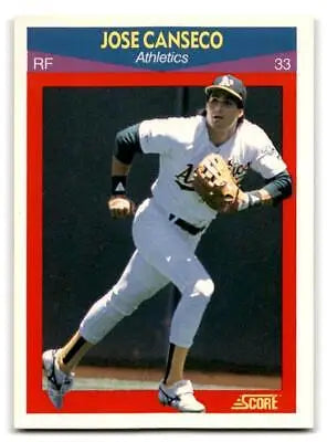 Jose Canseco baseball card showing Oakland Athletics outfielder making a play