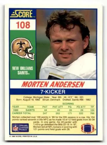 Original gloss 1990 Score #108 Morten Andersen New Orleans Saints football card