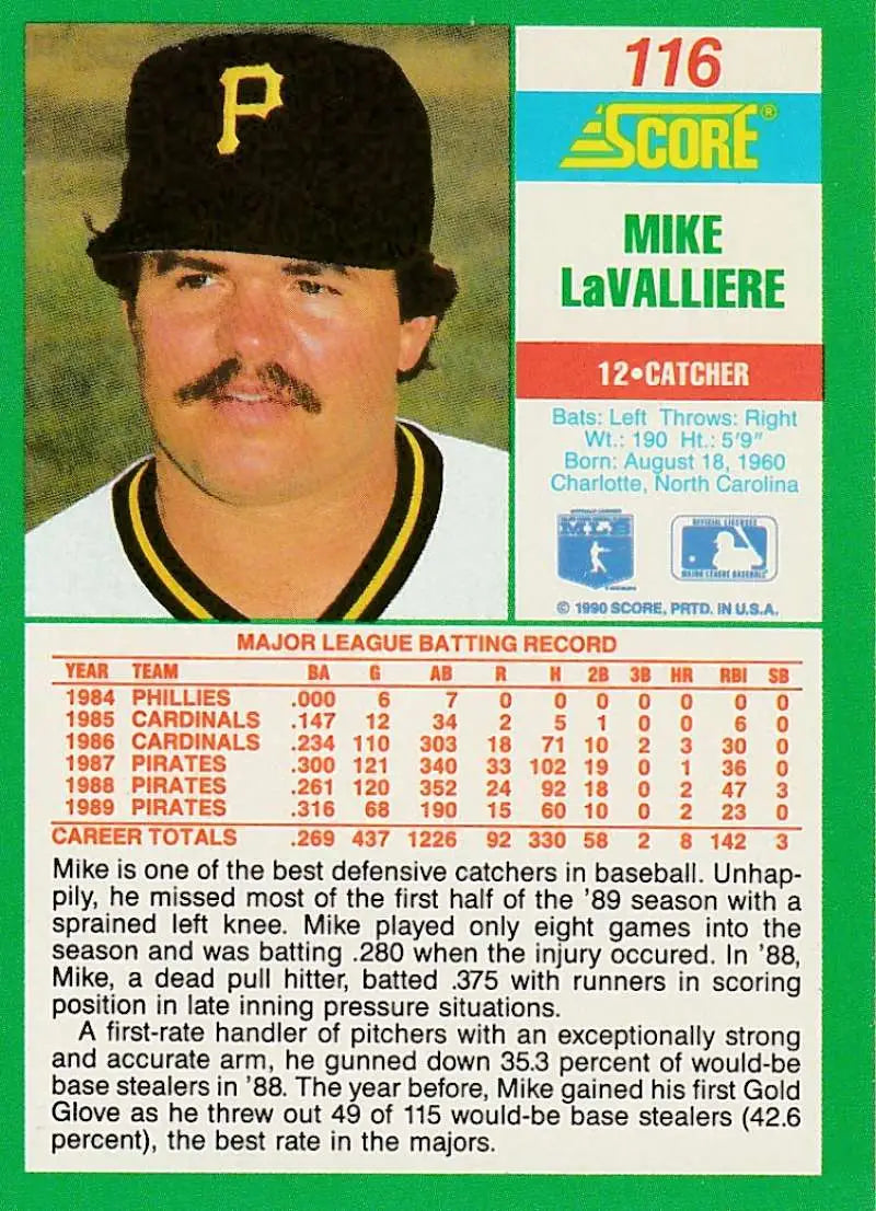 1991 Score baseball card of Mike LaValliere, Pittsburgh Pirates catcher in black cap