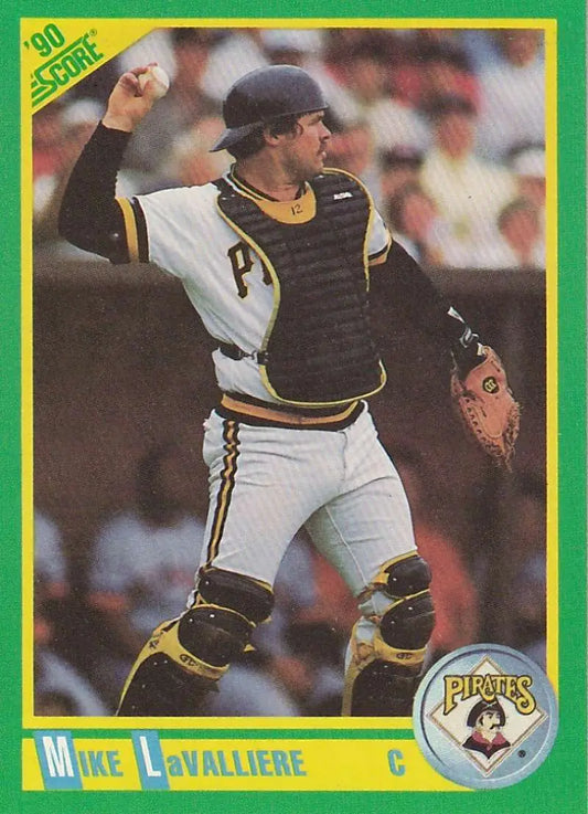 Baseball card of Mike LaValliere in throwing motion for Pittsburgh Pirates