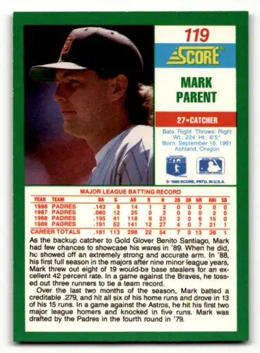 1990 Score #119 Mark Parent baseball card with original gloss, Padres collectible