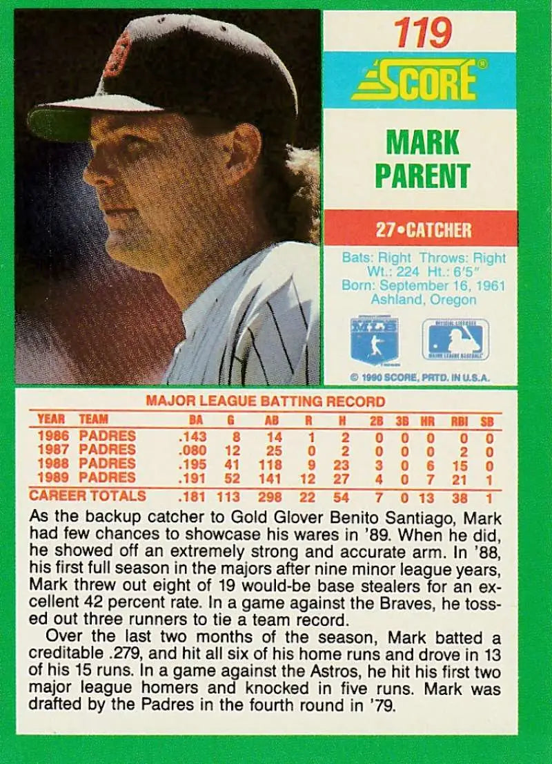 Baseball card showcasing Mark Parent from the 1989 Score San Diego Padres set