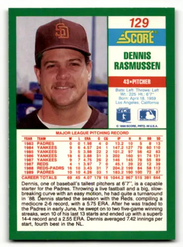 1990 Score #129 Dennis Rasmussen baseball card with original gloss, Padres collectible