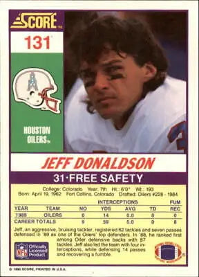 Jeff Donaldson Houston Oilers football card 1990 Score #131 in near mint condition