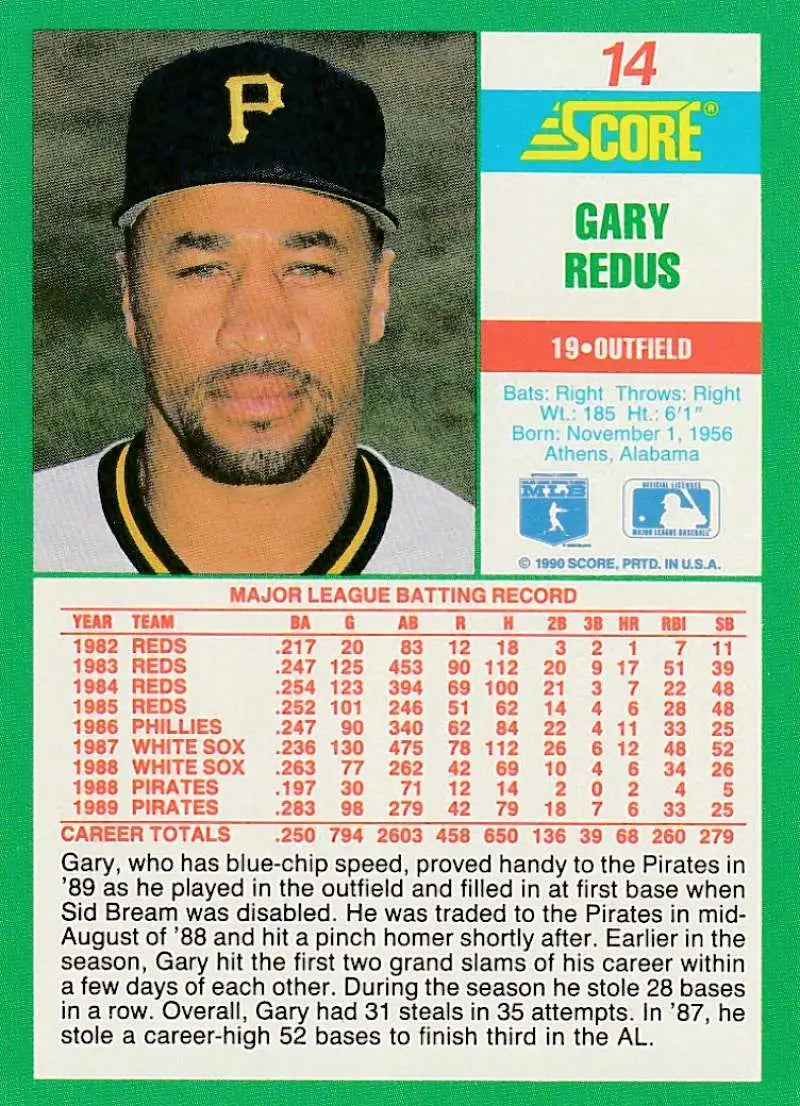 1991 Score baseball card of Gary Redus in Pittsburgh Pirates cap, NM-MT condition