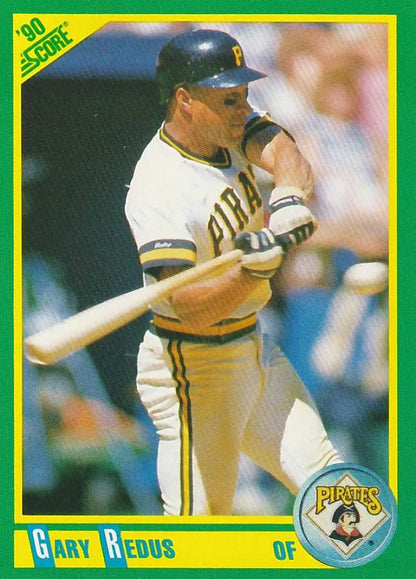 Baseball card of Gary Redus in white and yellow Pittsburgh Pirates uniform at bat