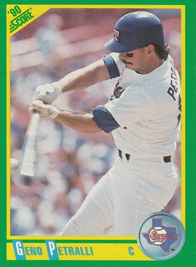 Geno Petralli swinging a bat on a 1990 Score Texas Rangers baseball card