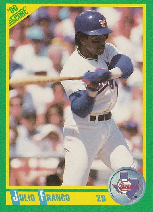 Baseball card featuring Julio Franco in Texas Rangers uniform with green border