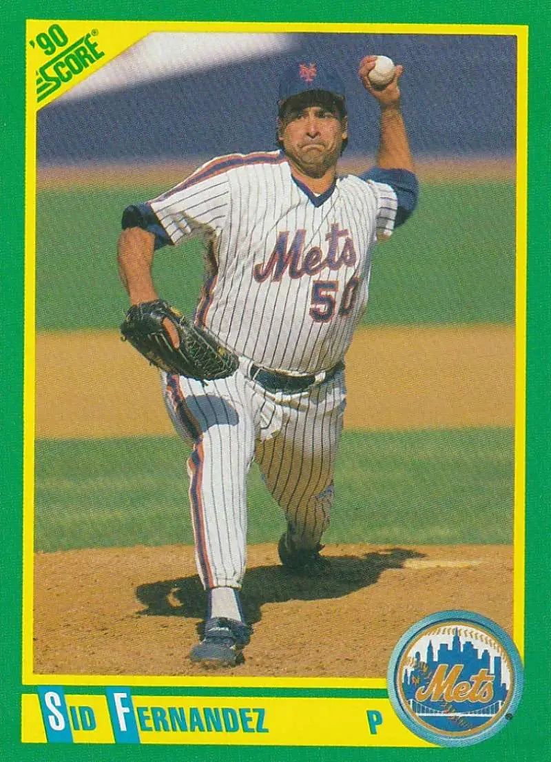 Sid Fernandez NM-MT baseball card of Mets pitcher in pinstriped uniform throwing a pitch