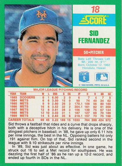 1990 Score Sid Fernandez NM-MT Baseball Card of New York Mets player in blue cap