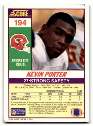 1990 Score #194 Kevin Porter Kansas City Chiefs Football Card with original gloss