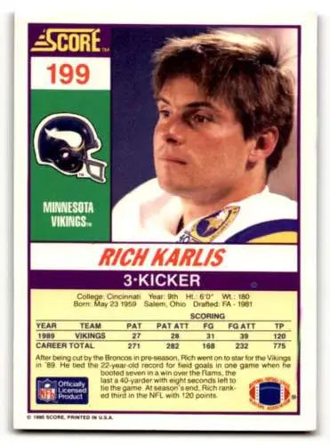 Rich Karlis Minnesota Vikings football card original gloss 1990 Score #199