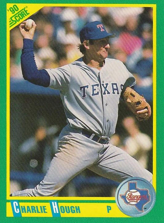 Texas Rangers baseball card of Charlie Hough in mid-throw wearing gray uniform