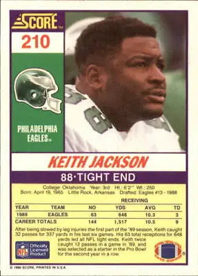 Keith Jackson Philadelphia Eagles NFL Football Card 1990 Score #210 NM