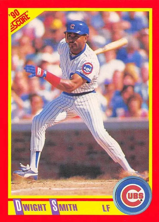 1990 Score Dwight Smith Chicago Cubs Baseball Card in batting stance with pinstripes