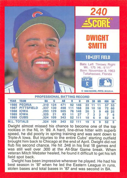 1990 Score Dwight Smith Chicago Cubs Baseball Card featuring player in blue cap