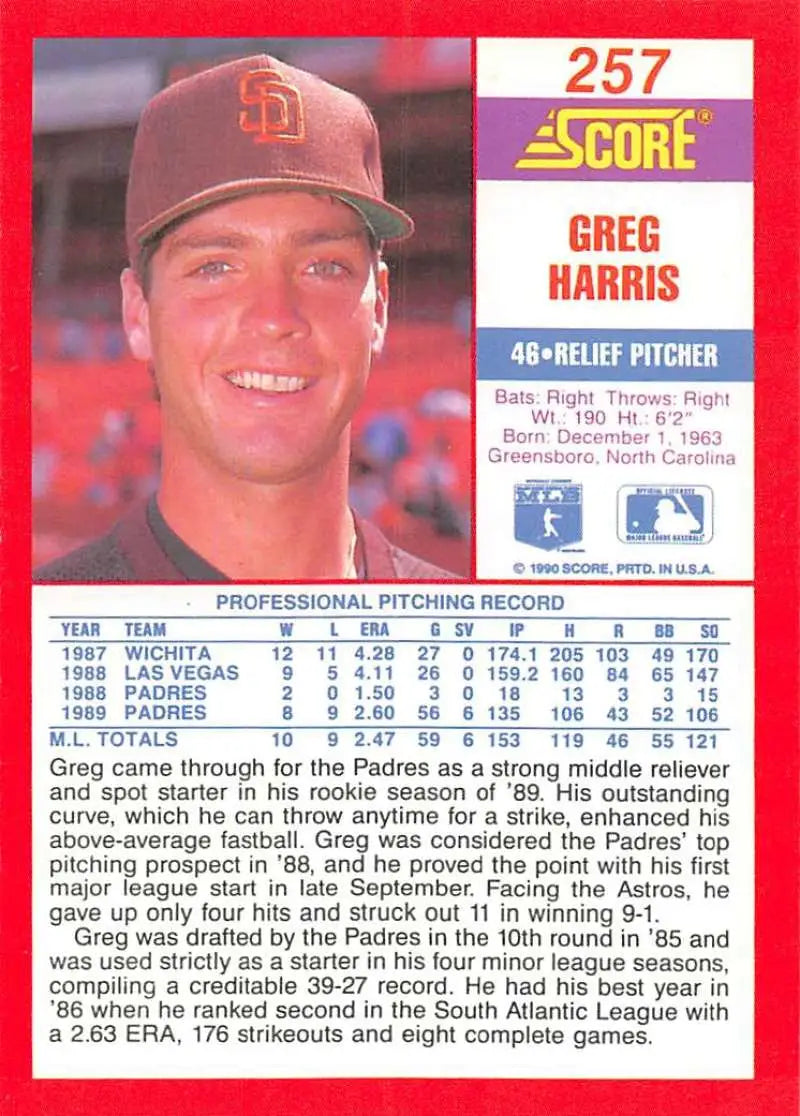 1990 Score #257 Greg Harris NM-MT San Diego Padres Baseball Card Image