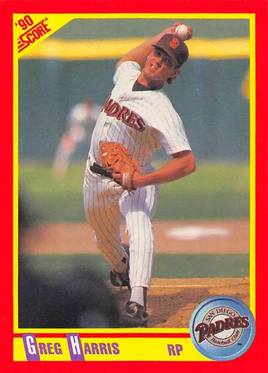 1990 Score #257 Greg Harris baseball card featuring San Diego Padres pitcher mid-throw