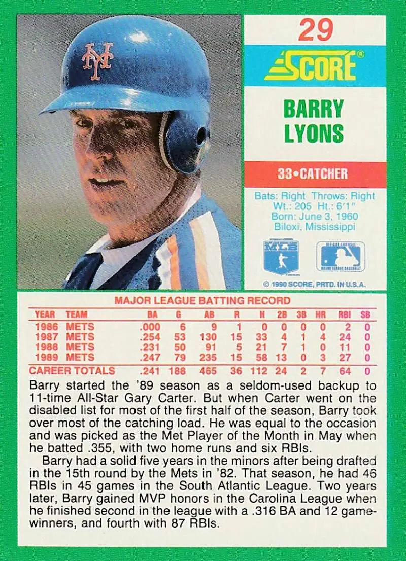 1991 Score baseball card of Barry Lyons, New York Mets catcher in blue helmet