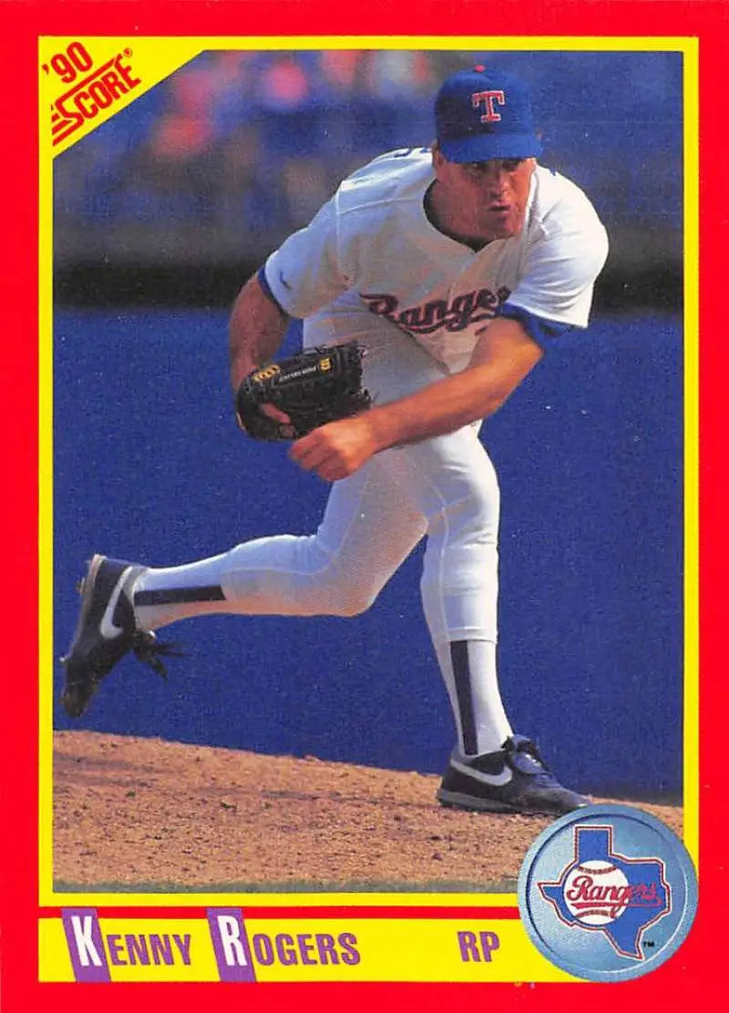 Baseball card of Kenny Rogers pitching for the Texas Rangers in mid-delivery motion